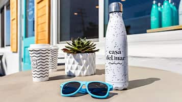 Une table avec une bouteille d’eau, deux tasses, une paire de lunettes de soleil et une petite plante.