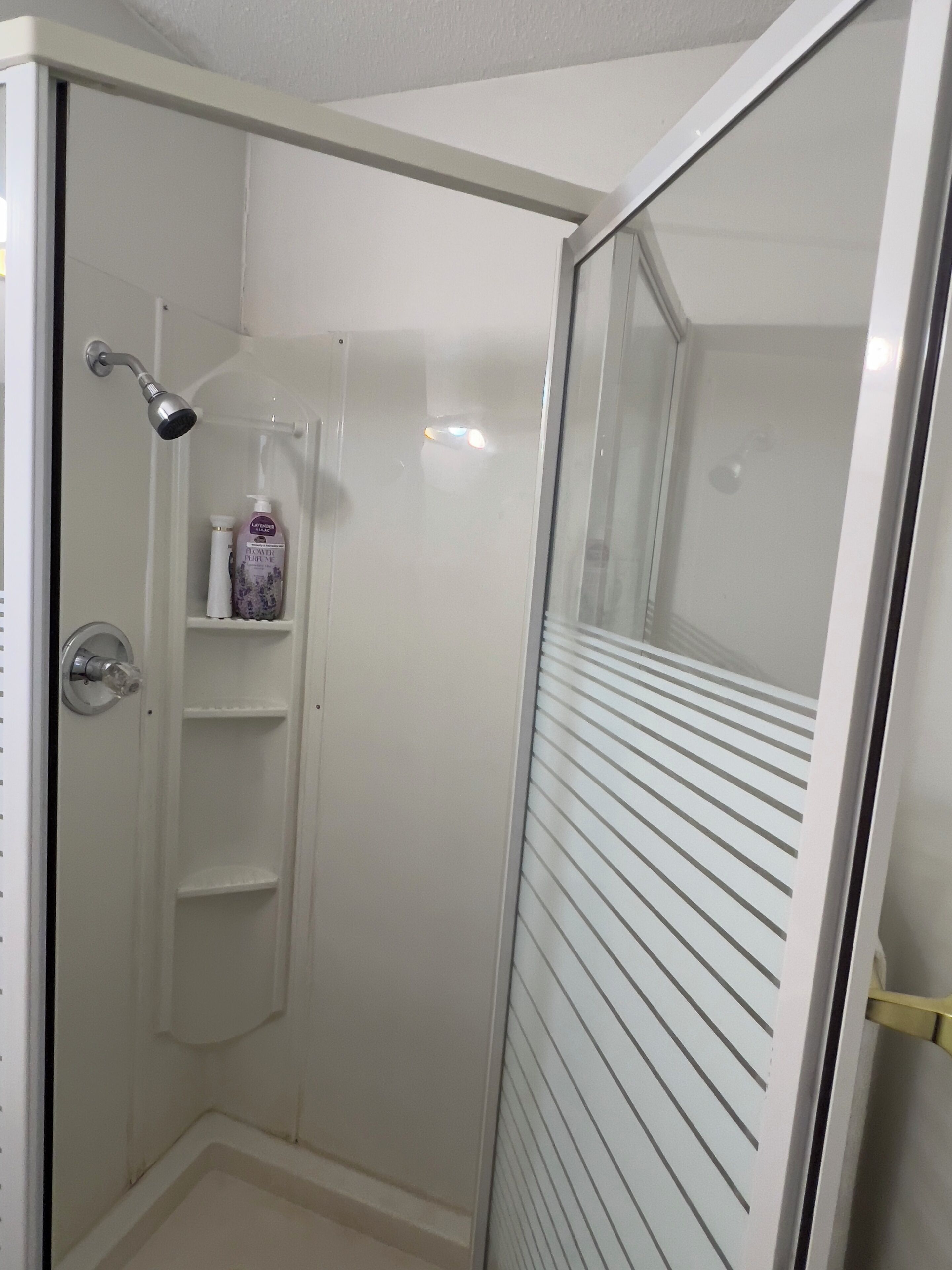 A walk-in shower with a glass door, a handheld showerhead, and a shelf with toiletries.