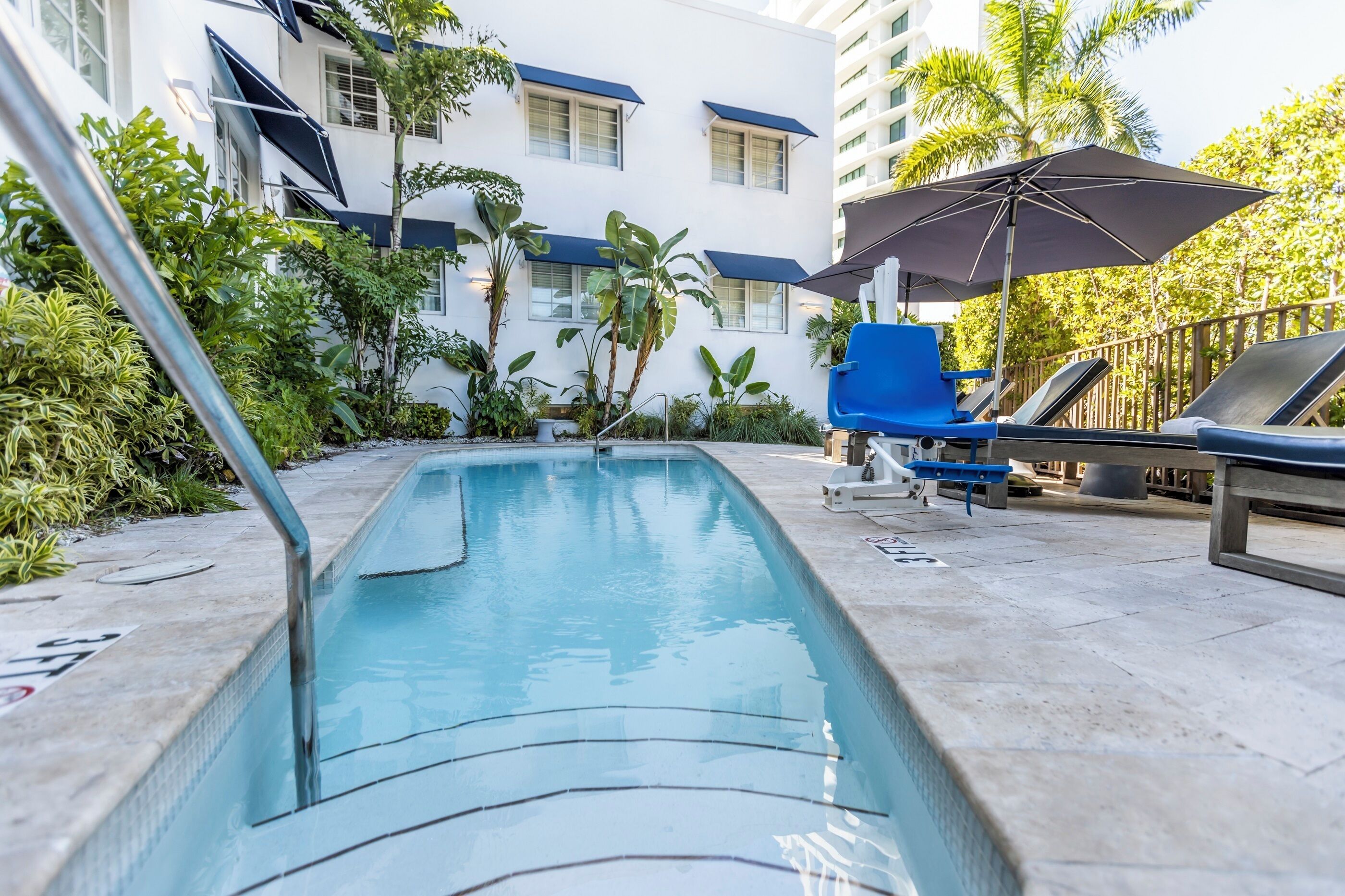 A swimming pool with lounge chairs and umbrellas, surrounded by greenery and a building with windows.