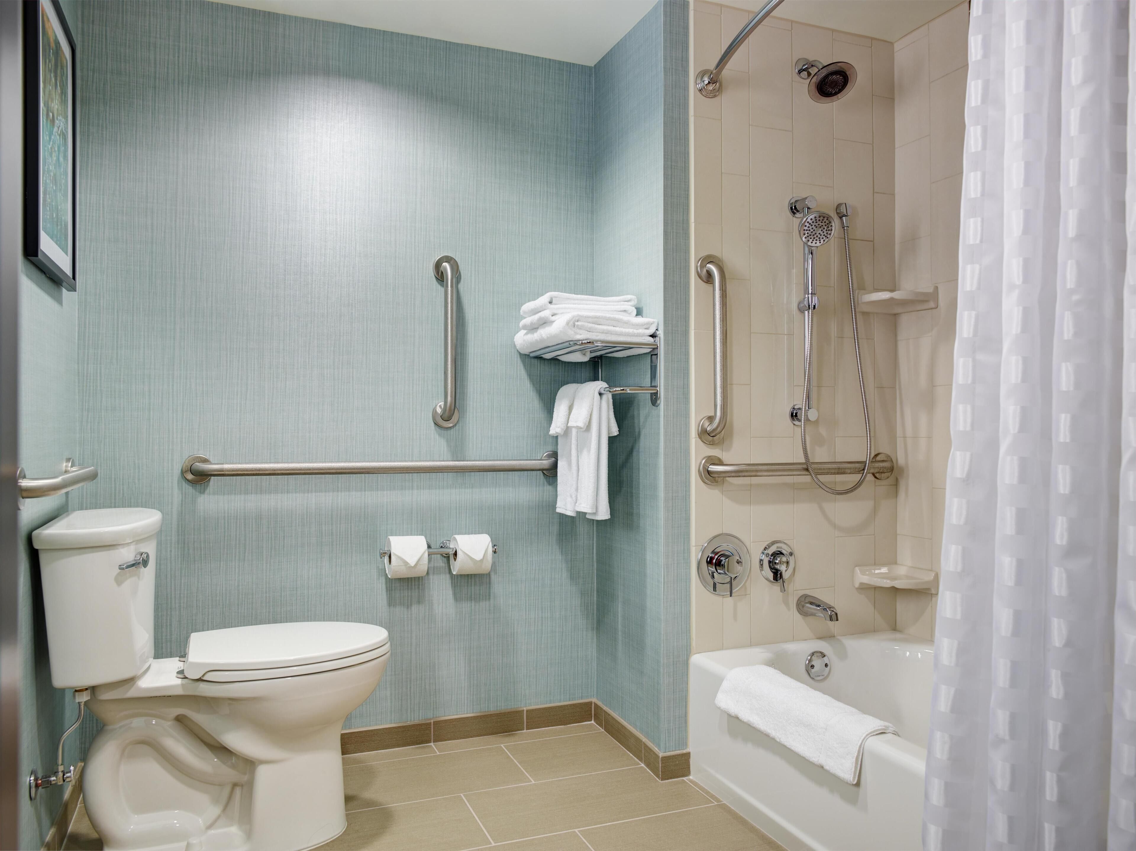 A bathroom with a toilet, a shower with a handheld showerhead, and a bathtub.