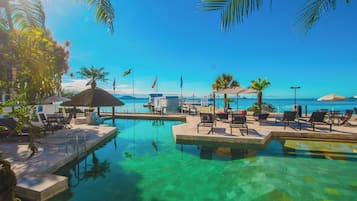 Indoor pool, outdoor pool, pool umbrellas, sun loungers