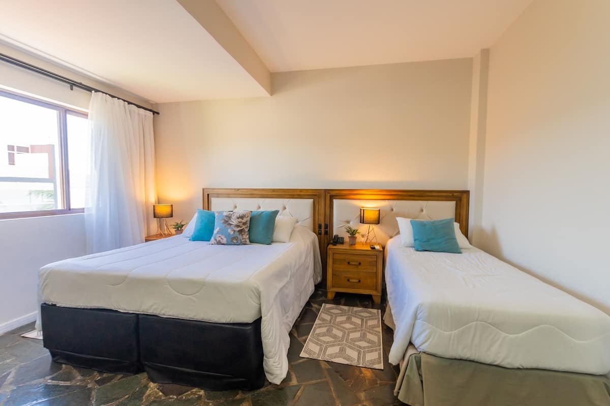 A hotel room with two beds, a small bedside table with a lamp, a patterned rug, and a window with curtains.