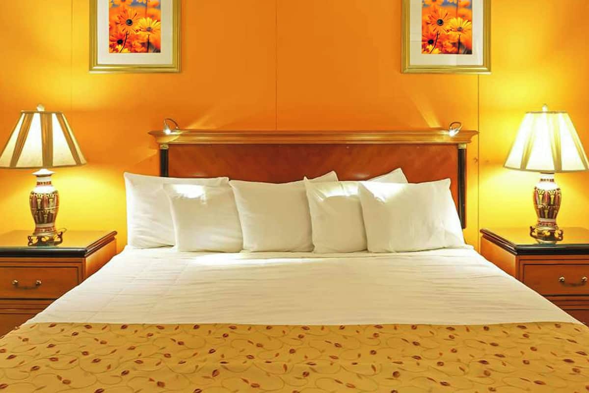 Habitación de hotel con una cama grande, dos mesitas de noche con lámparas, un cabecero de madera y dos cuadros enmarcados en la pared.