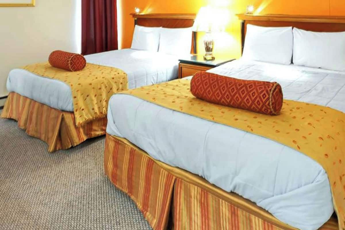 Una habitación de hotel con dos camas, cada una con una colcha estampada y una almohada.