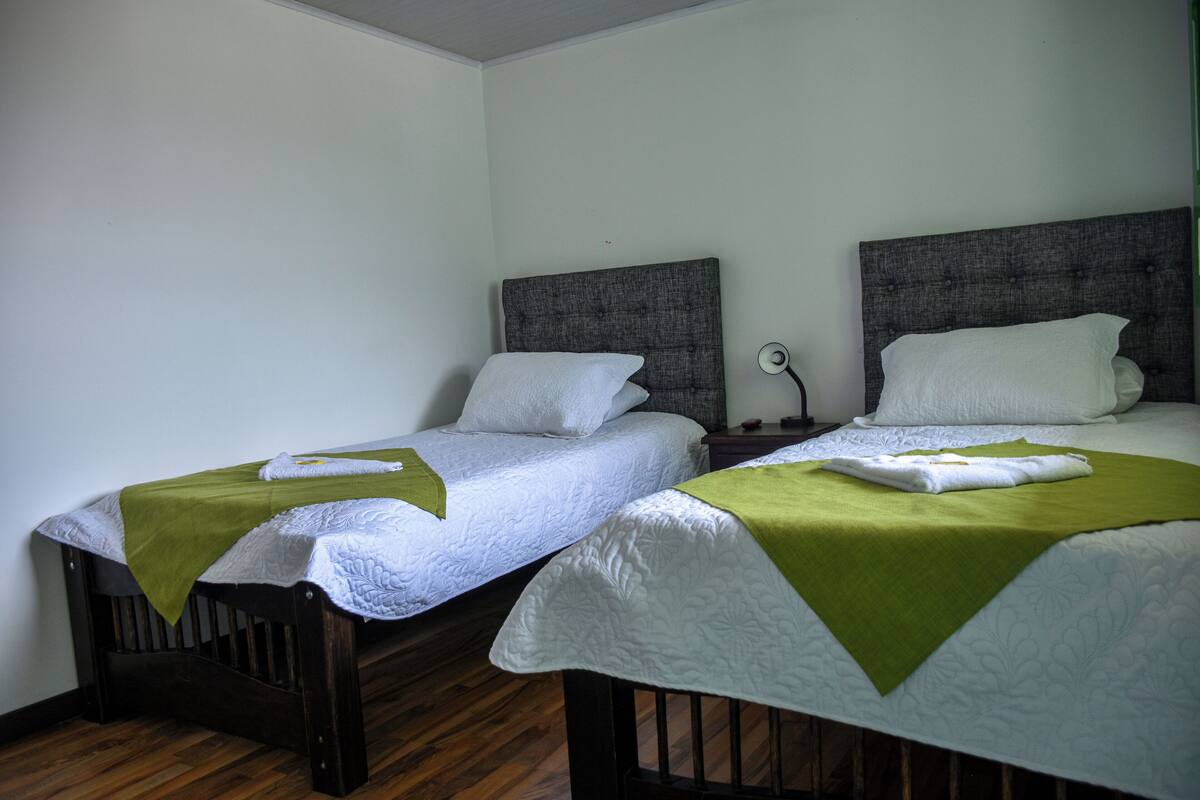 Ein Zimmer mit zwei Einzelbetten, jeweils mit grüner Decke und weißen Kissen, Holzkopfteilen und einem kleinen Nachttisch mit Lampe.