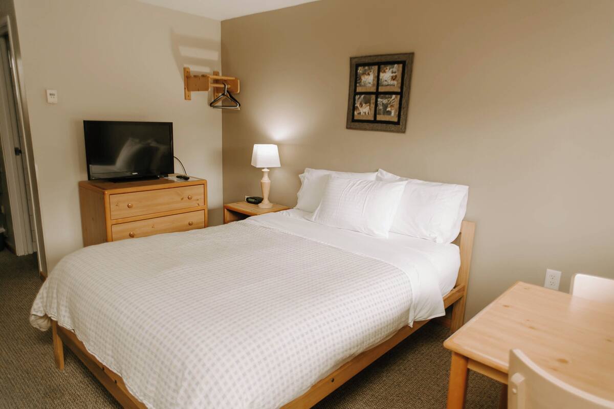 Ein ordentlich eingerichtetes Hotelzimmer mit einem Bett, einem Nachttisch mit Lampe, einem Fernseher auf einer Holzkommode und einem gerahmten Bild an der Wand.