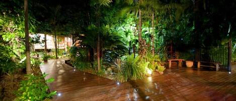 Una terraza de madera rodeada de exuberante vegetación, que conduce a un edificio con entrada visible.