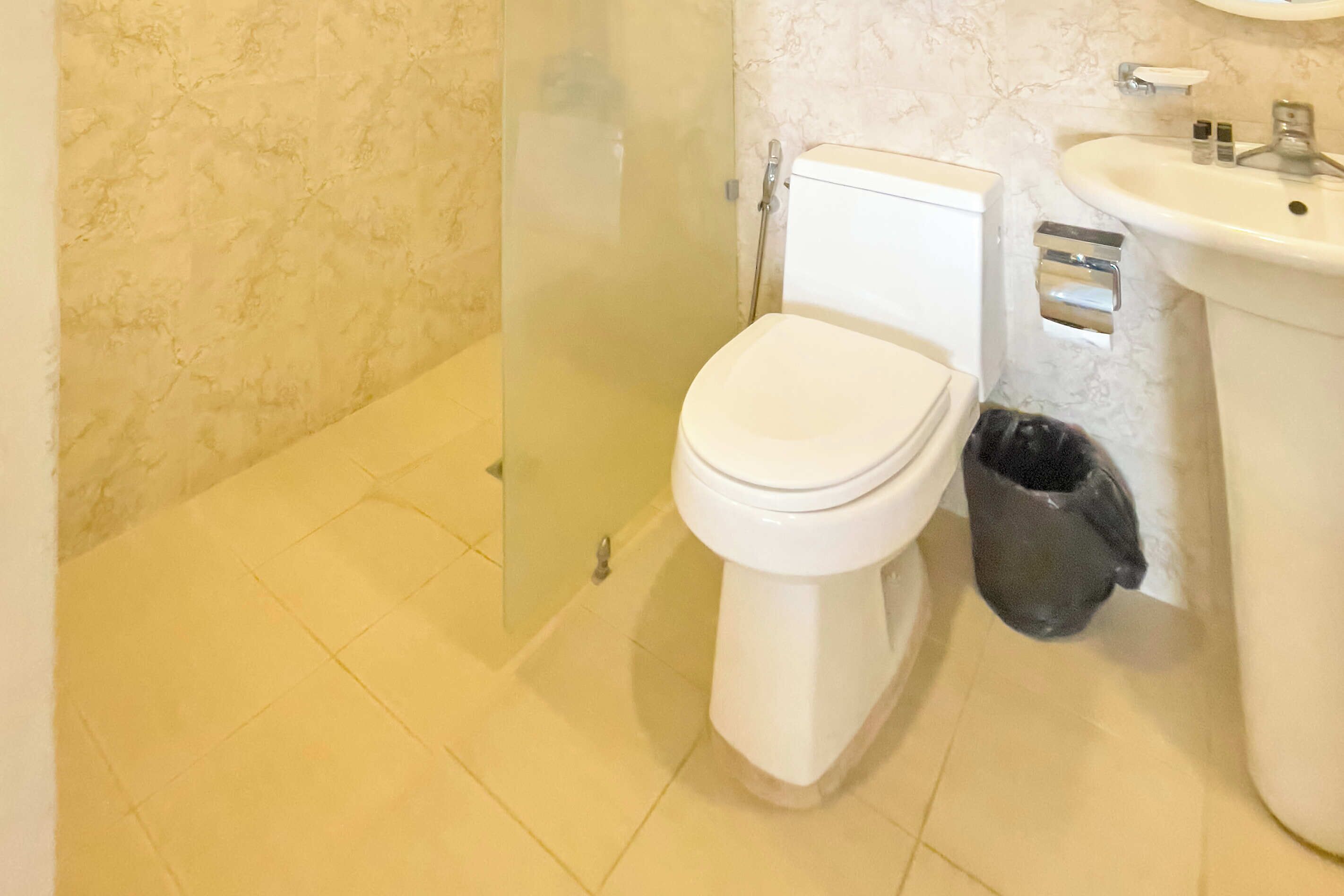 A bathroom with a toilet, sink, and trash bin.