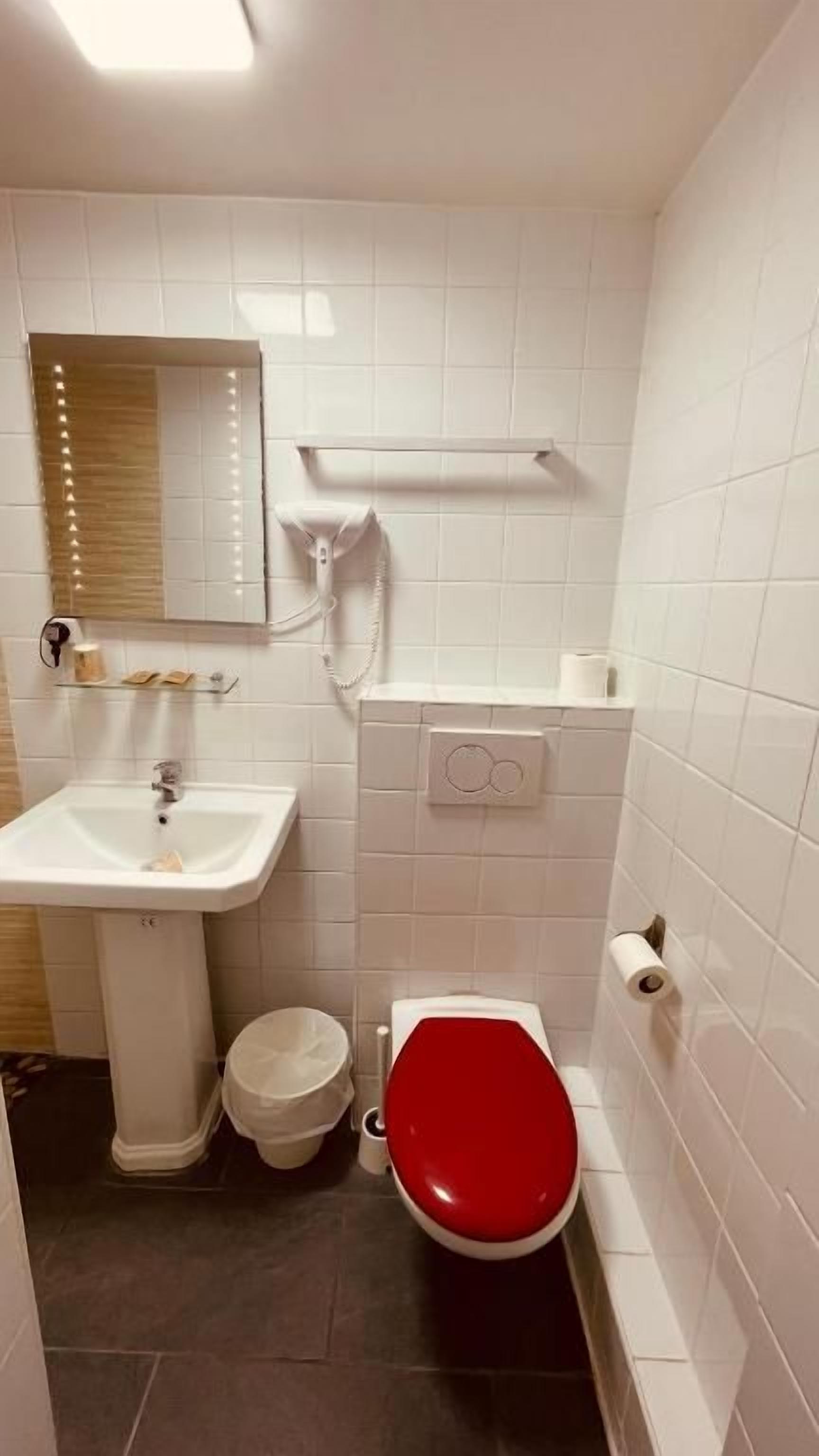Une petite salle de bain avec un lavabo blanc, des toilettes avec un abattant rouge, un miroir et un sèche-cheveux fixé au mur.