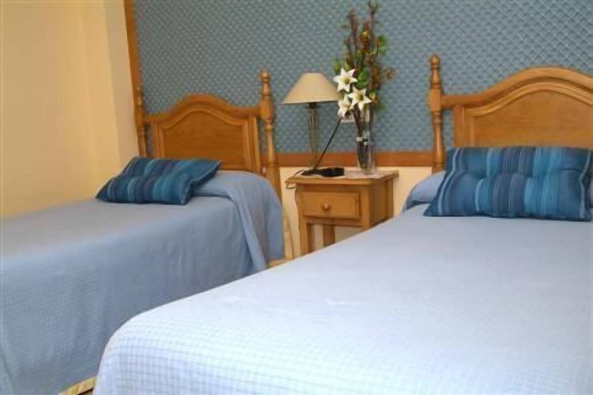 Two single beds with blue bedding, a wooden headboard, a bedside table with a lamp, and a decorative vase with flowers.