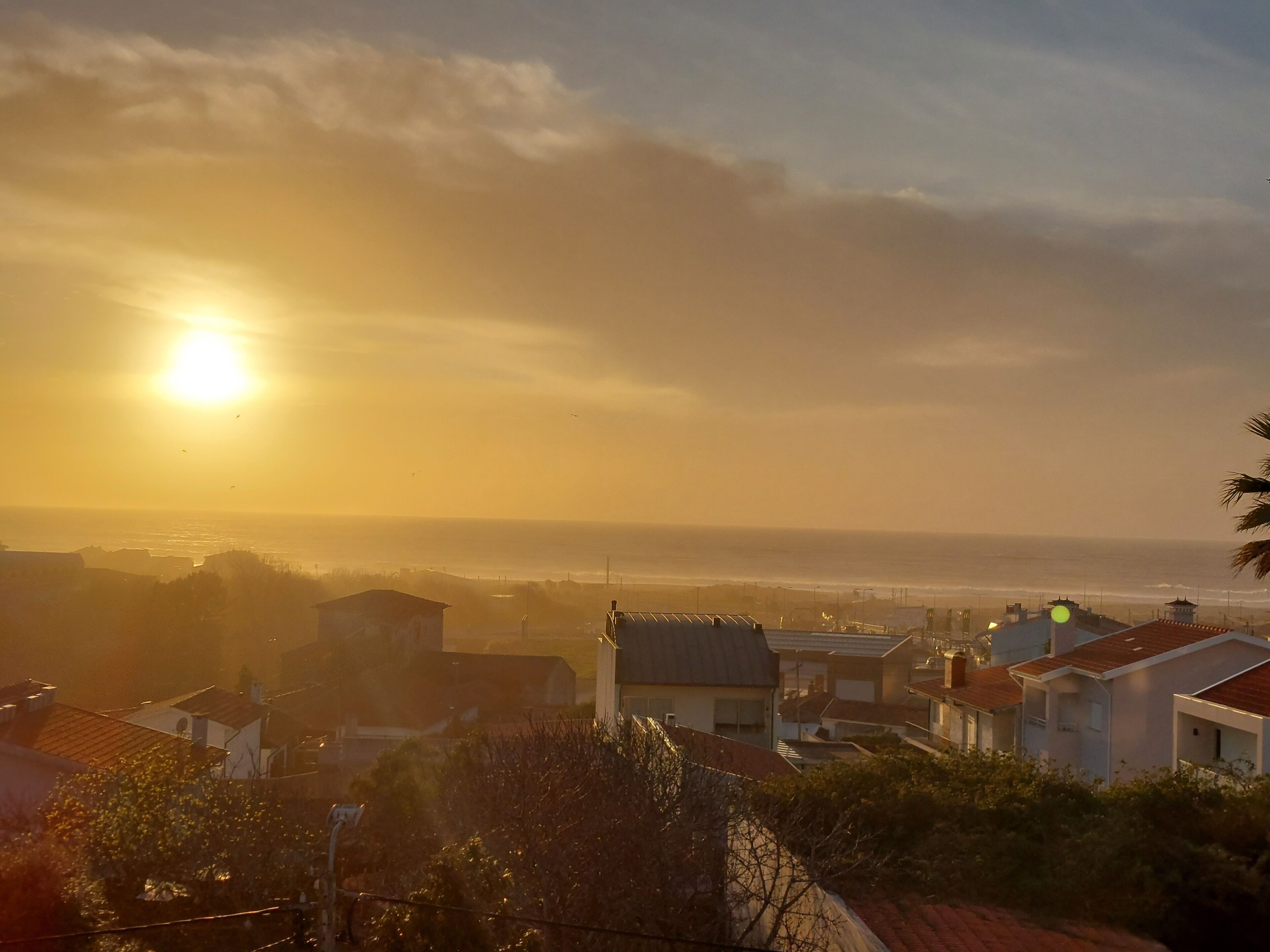 Área residencial costeira com casas e vista para o mar ao pôr do sol.