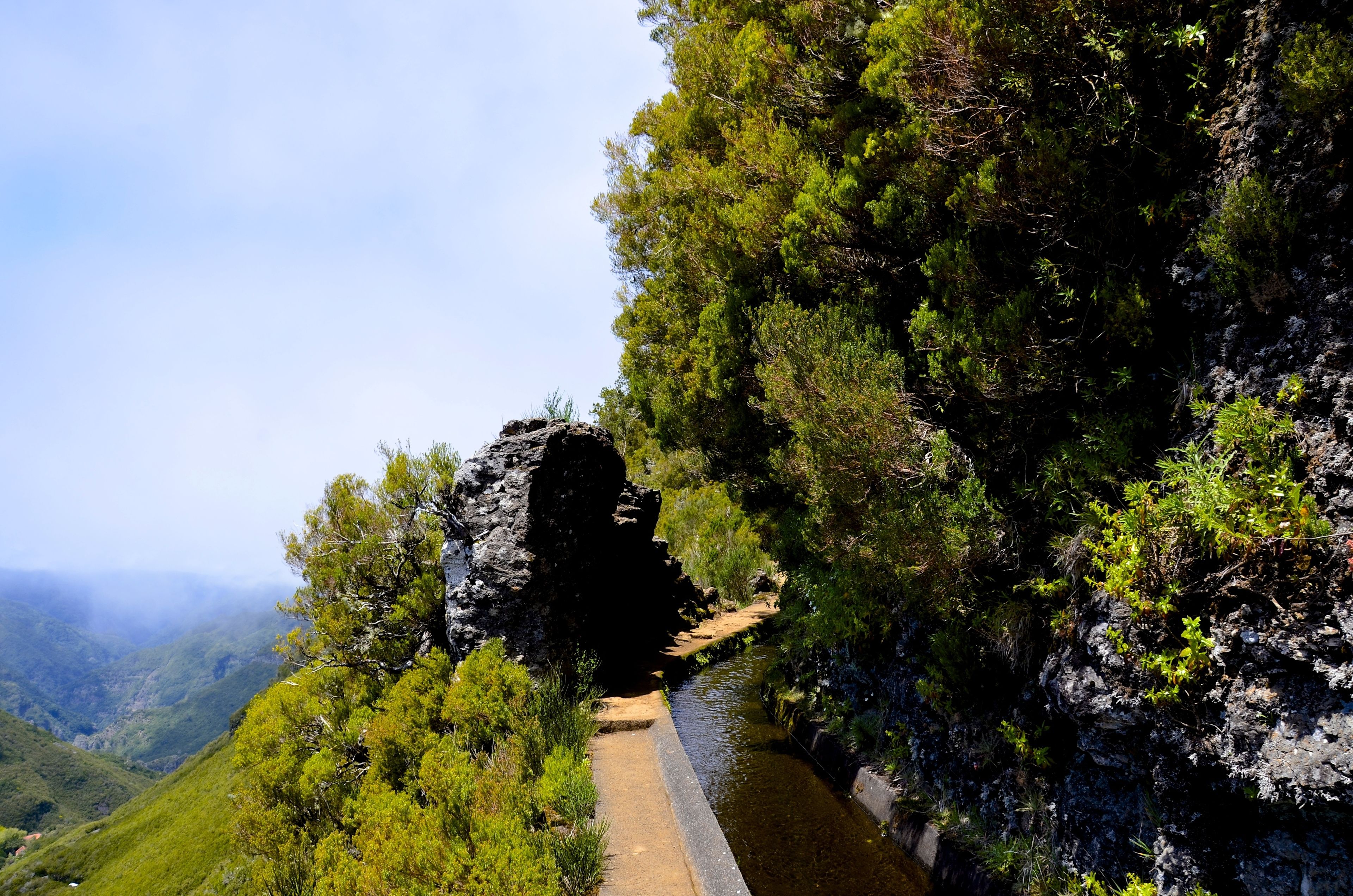 A narrow road bordered by dense vegetation and rocky cliffs.