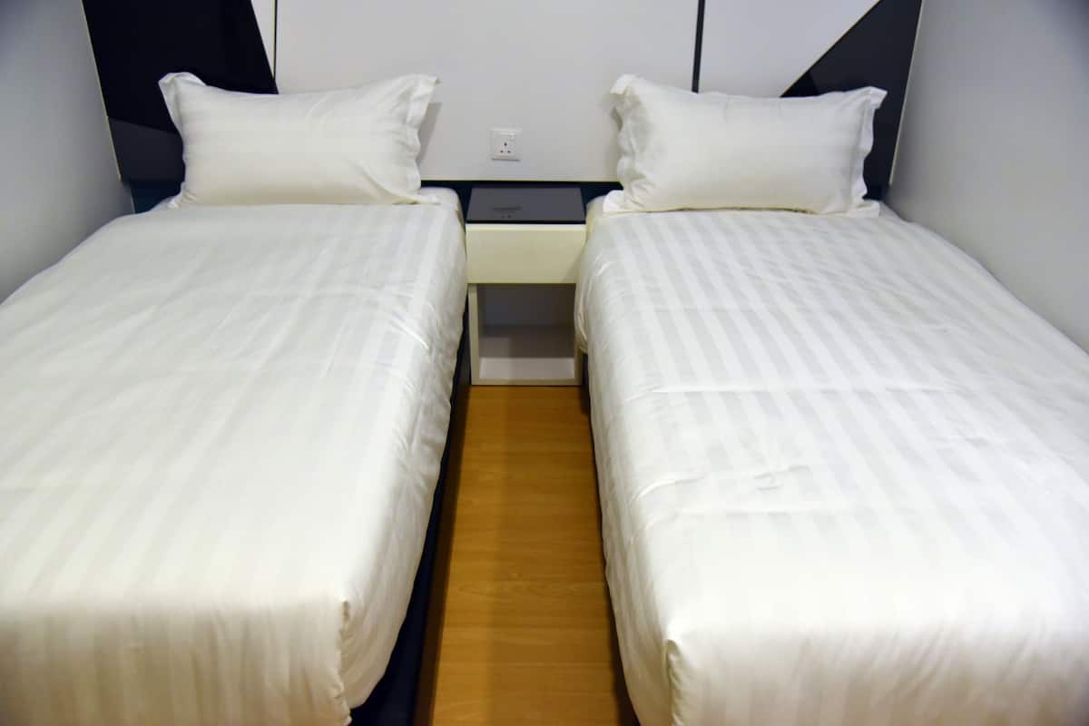 Ein Doppelzimmer mit zwei Einzelbetten, einem Nachttisch und Holzboden.