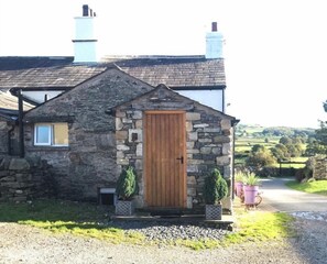 A stone cottage with a wooden door, a small window, and two potted plants.