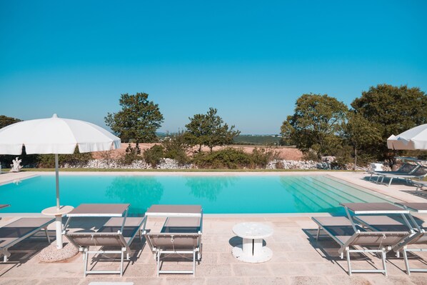 Outdoor pool, pool umbrellas, pool loungers