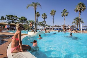 Seasonal outdoor pool, pool loungers