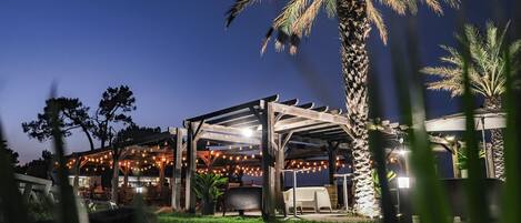 An outdoor patio area with a wooden pergola, string lights, and a palm tree.