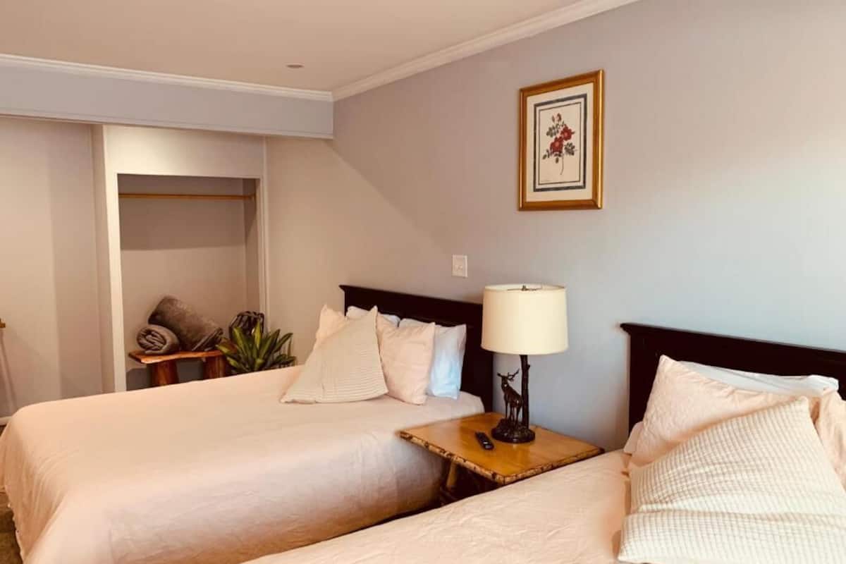 A hotel room with two beds, a bedside table with a lamp, a framed picture on the wall, and a small plant on the floor.