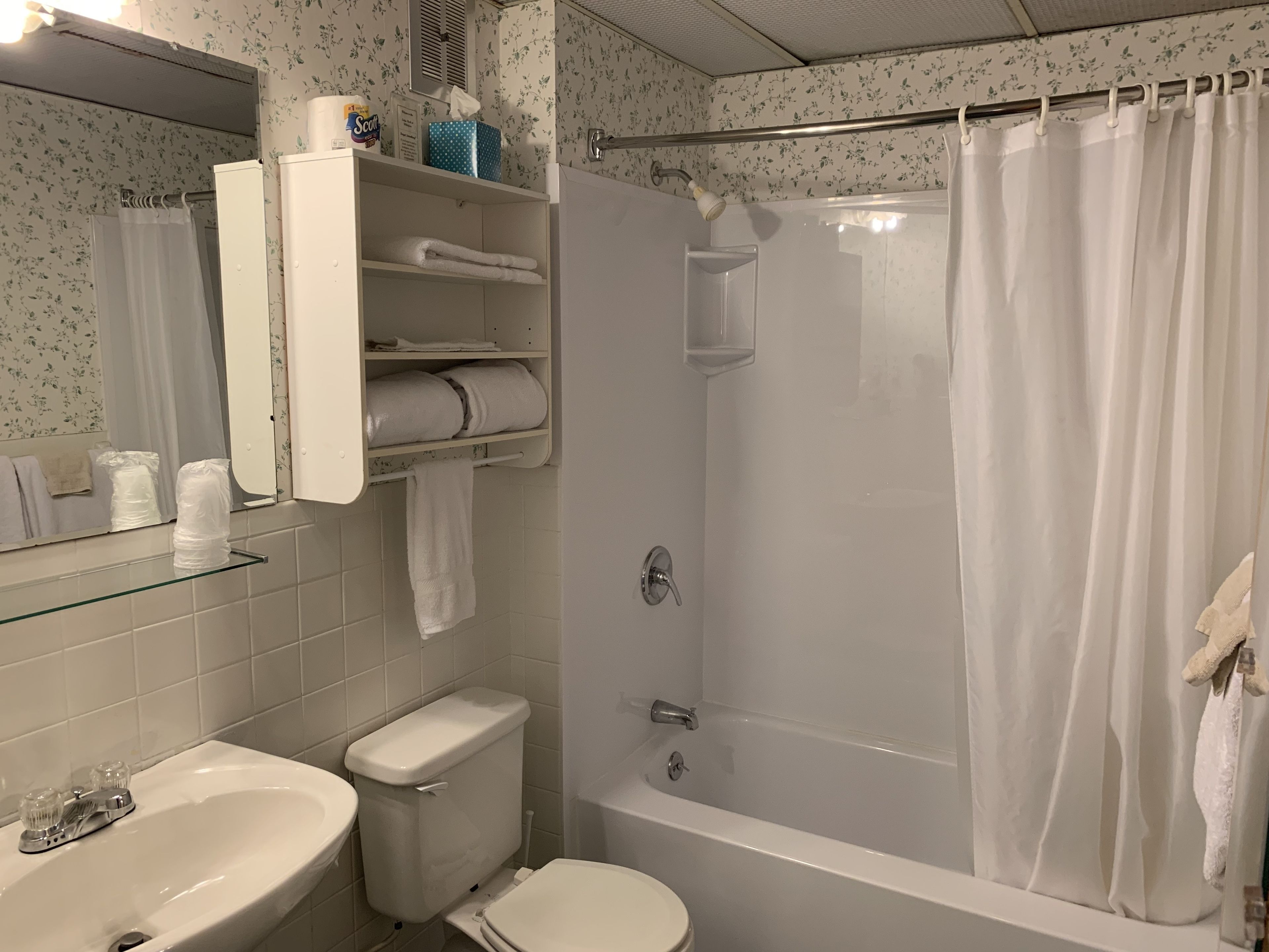 Baño con inodoro, lavamanos y bañera. Hay una cortina de ducha, un perchero y un espejo.