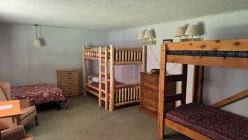 Cozy retreat with a bunk bed, single bed, and desk area, perfect for a compact stay.