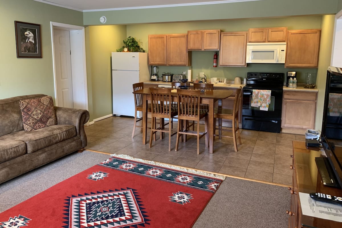 A compact living space with a kitchenette, a dining area, and a sofa.