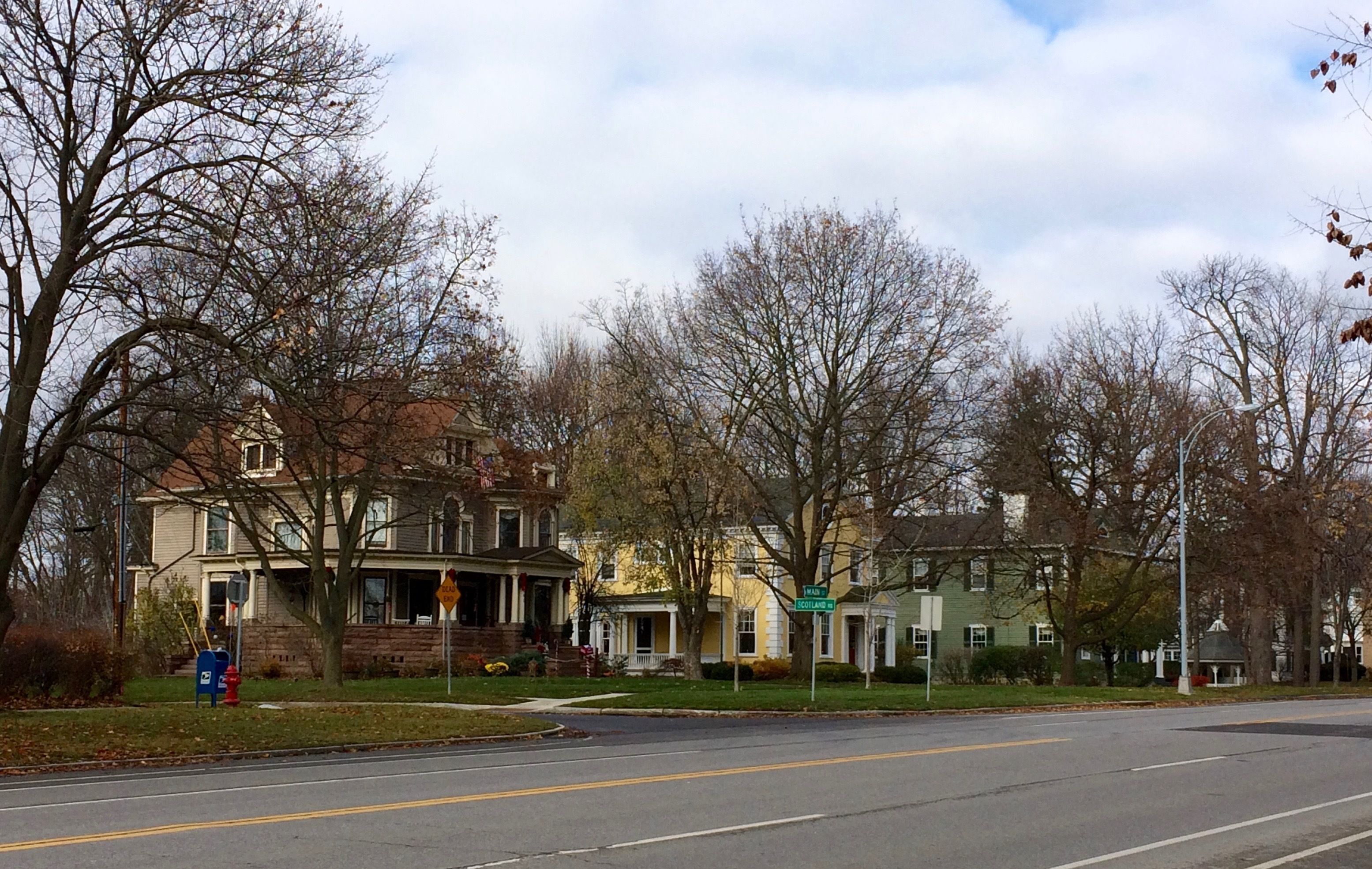 A residential street with houses, a mailbox, and a fire hydrant.