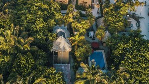 Un complexe hôtelier de bord de mer avec des bungalows aux toits de chaume, une piscine et une vue sur l’océan.