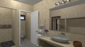 Suite, côté jardin | Salle de bain | Douche, articles de toilette (gratuits), séchoir à cheveux
