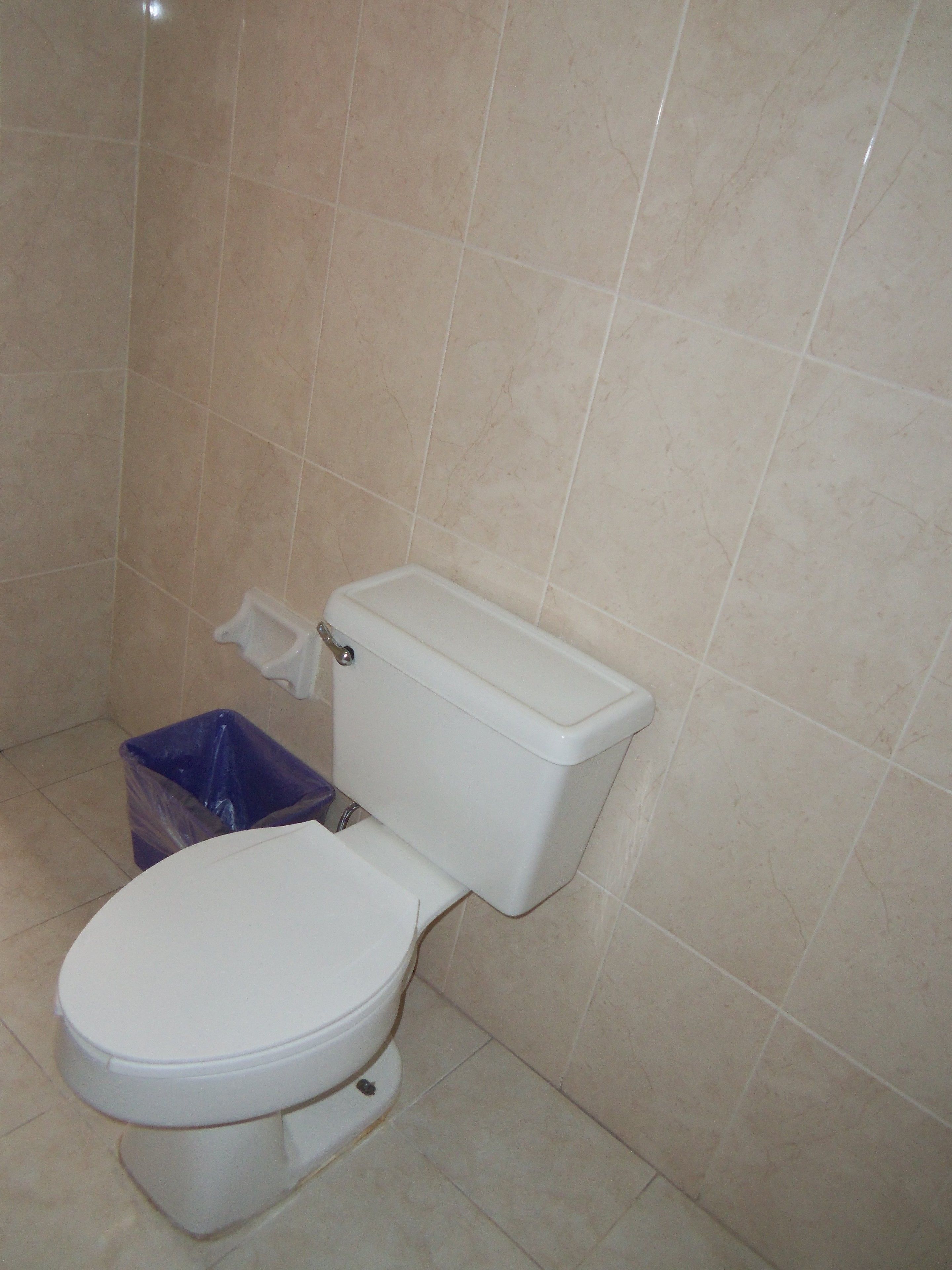 Un baño estándar con inodoro, un bote de basura y paredes con azulejos.