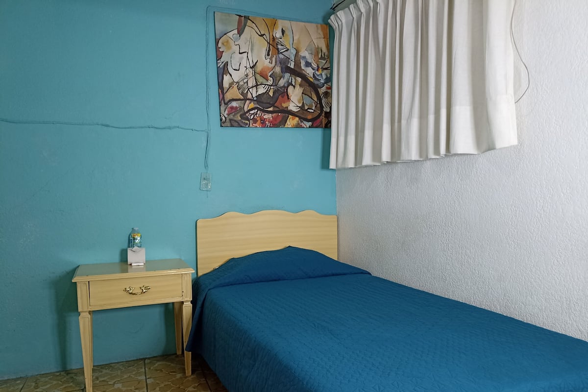 A bedroom with a single bed, a nightstand, a painting on the wall, and a curtain.