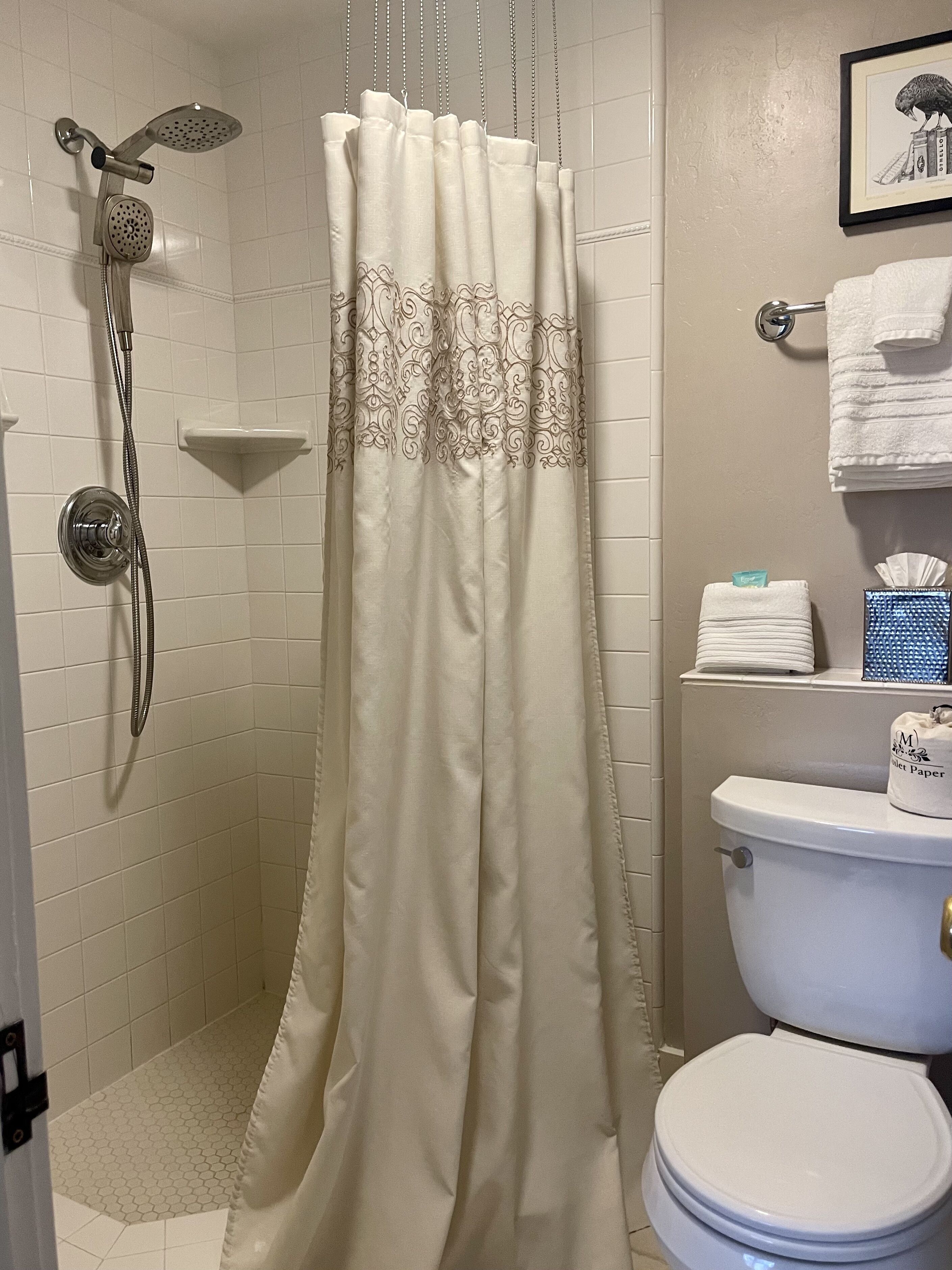 A bathroom with a shower curtain, a toilet, and a shelf with toiletries.