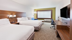 A hotel room with two beds, a desk, a chair, a TV, and a window with blinds. - Holiday Inn Express & Suites Cartersville by IHG (Cartersville)