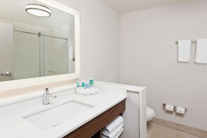 A modern bathroom with a large mirror, a white sink, and a glass shower enclosure. - Holiday Inn Express & Suites Cartersville by IHG (Cartersville)