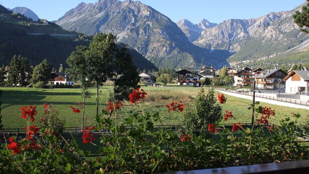 A mountain village with traditional houses, a clear sky, and a view of the mountains. - Hotel Villa Rina (Bormio)