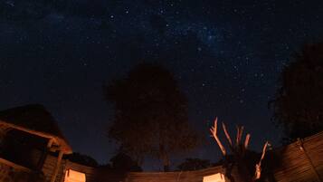 An outdoor seating area with chairs and a fire pit under a starry night sky.