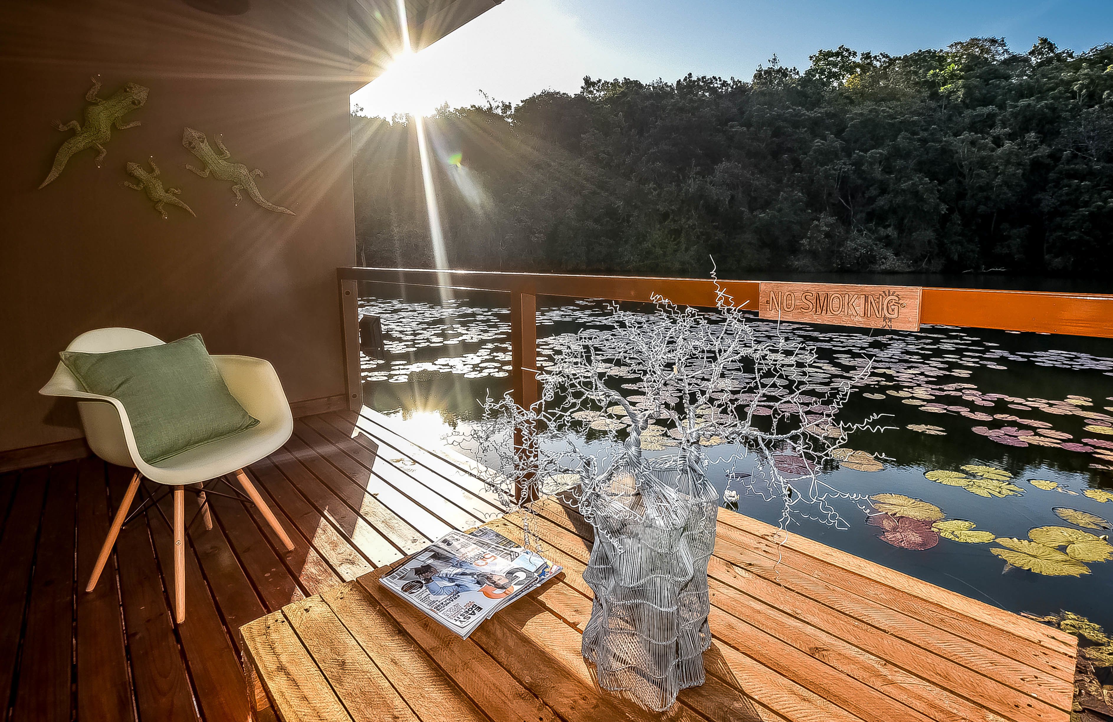 Um deck de madeira com uma cadeira e uma revista, um lago com folhas de lírio e uma placa de 'Não Fumar'.