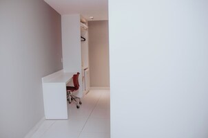 Minibar, desk, laptop workspace, blackout drapes