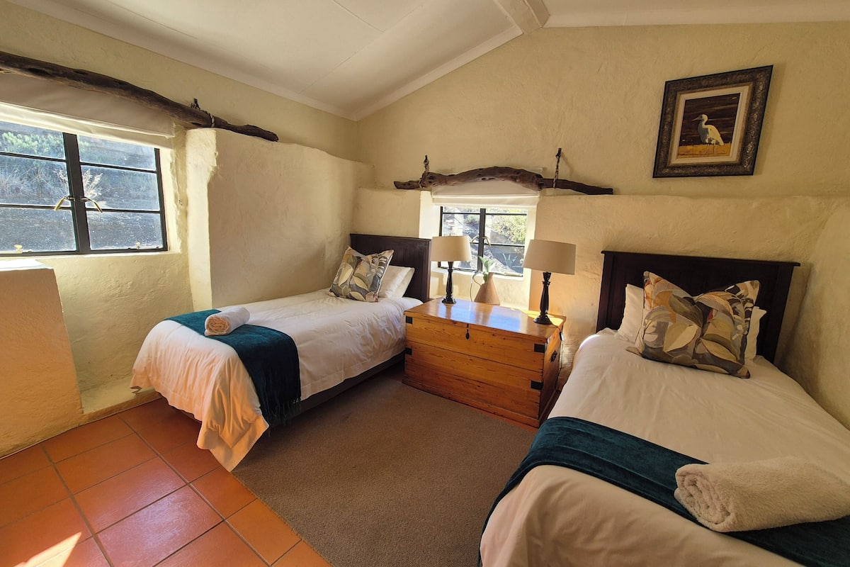Une chambre avec deux lits simples, une commode en bois et une fenêtre donnant sur des arbres.