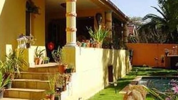 Une maison avec une véranda, des marches et des plantes en pot.
