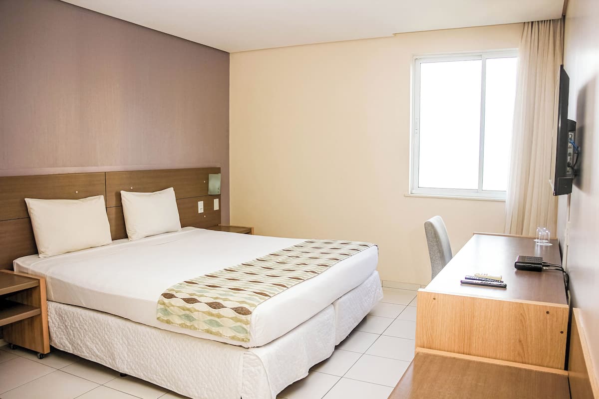 Habitación de hotel con una cama grande, un escritorio, una silla, un televisor y una ventana.