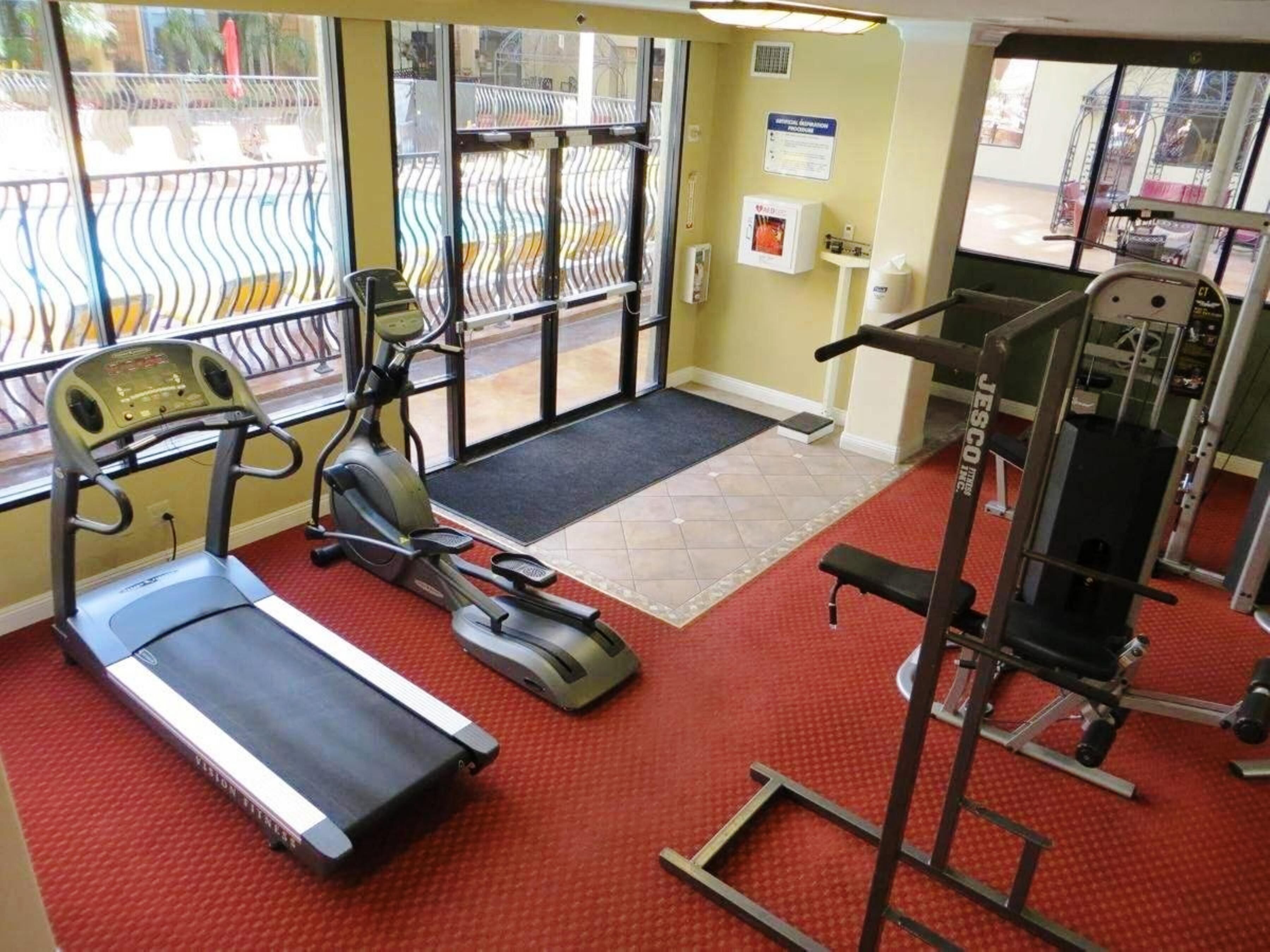 A gym with a treadmill, elliptical, and weight machines.
