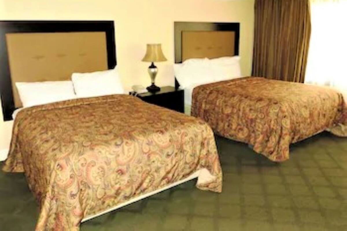 Una camera d'albergo con due letti, un comodino, una lampada e una finestra con tende.