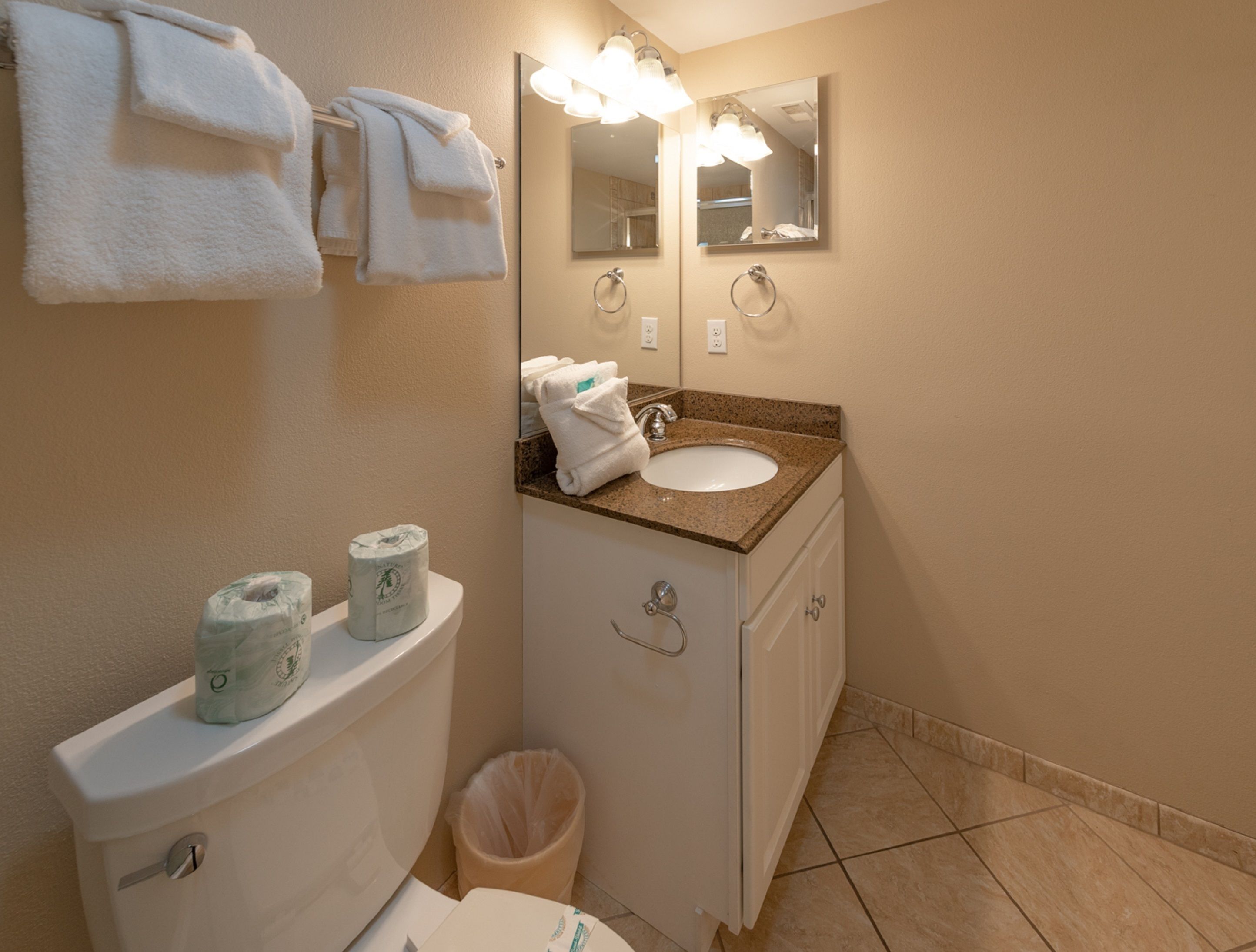 Une salle de bain avec des toilettes, un lavabo et un miroir. Des serviettes sont accrochées au mur et il y a une poubelle.