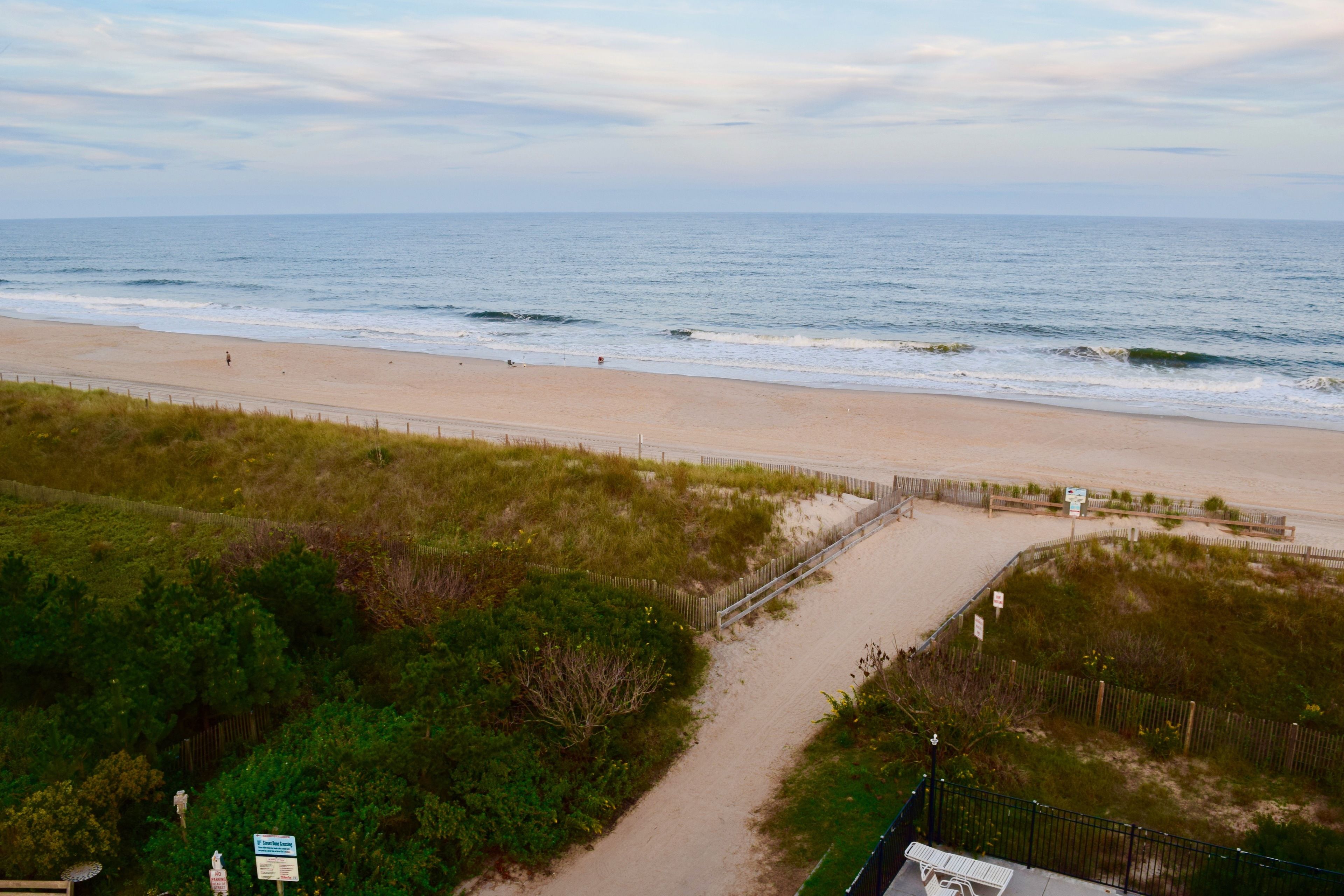 A beach with a sandy path leading to the water, surrounded by greenery and a wooden fence.