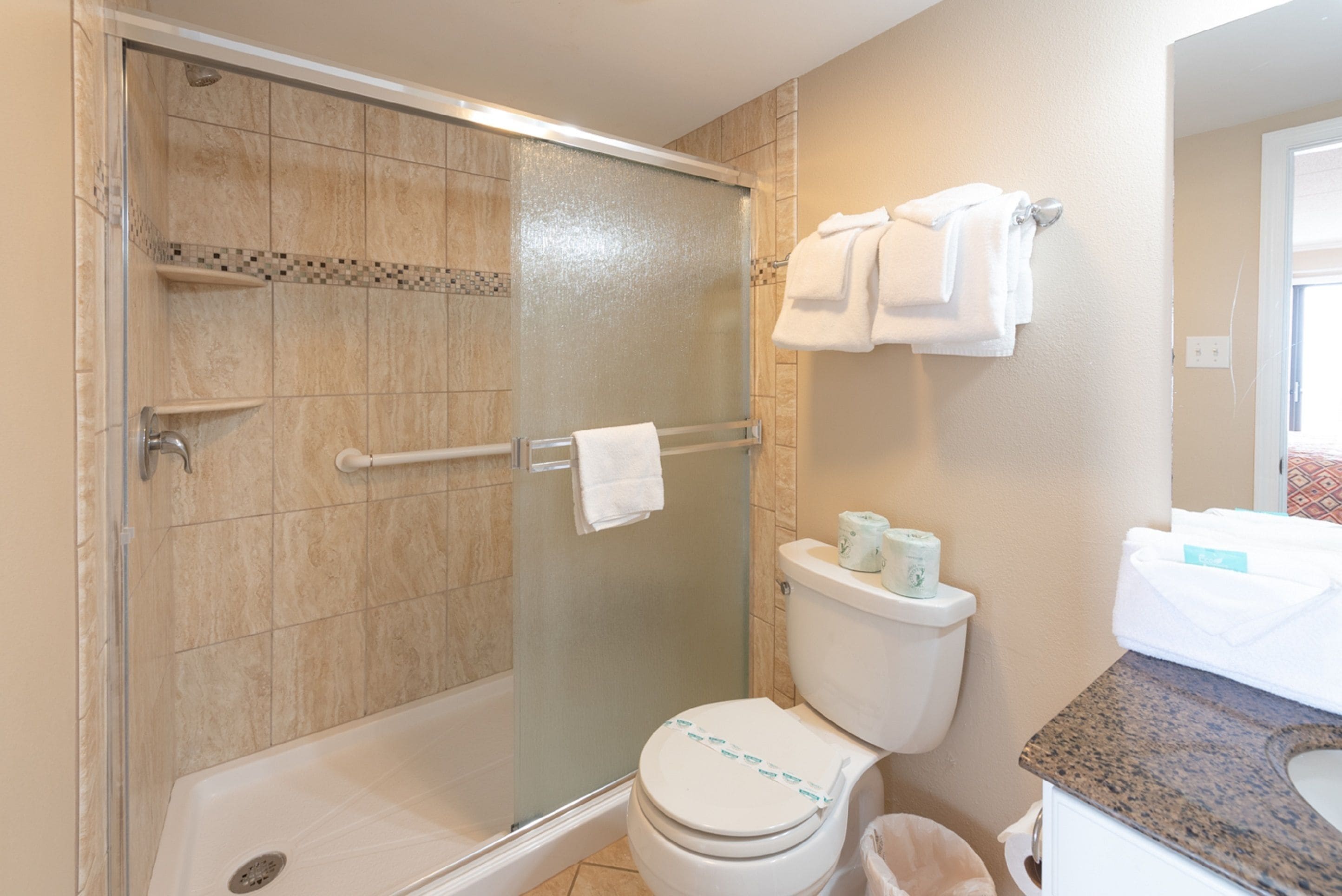 A bathroom with a glass-enclosed shower, a toilet with a paper towel holder, and a sink with a granite countertop.