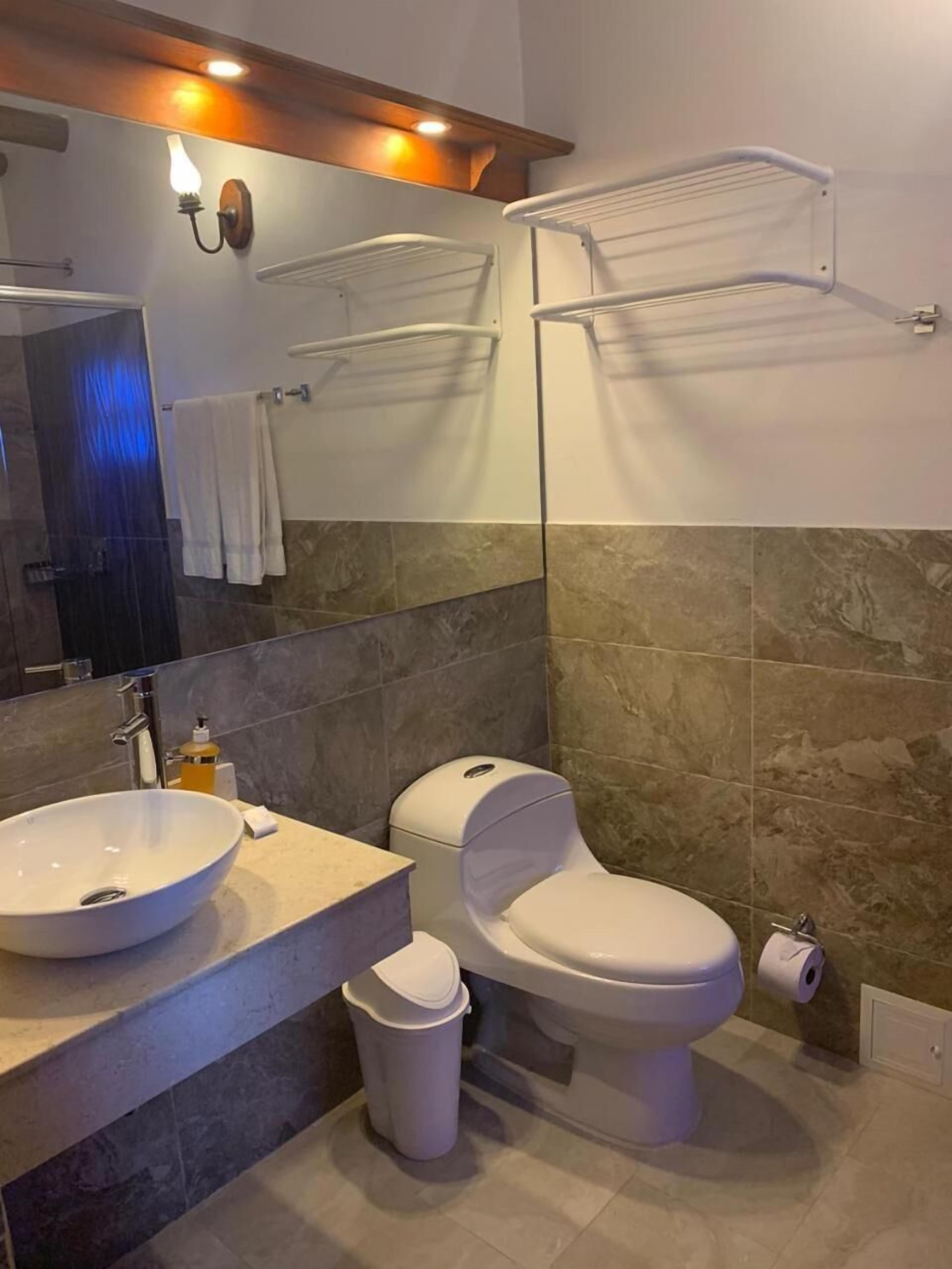 A modern bathroom with a large mirror, a sink, a toilet, and a towel rack.