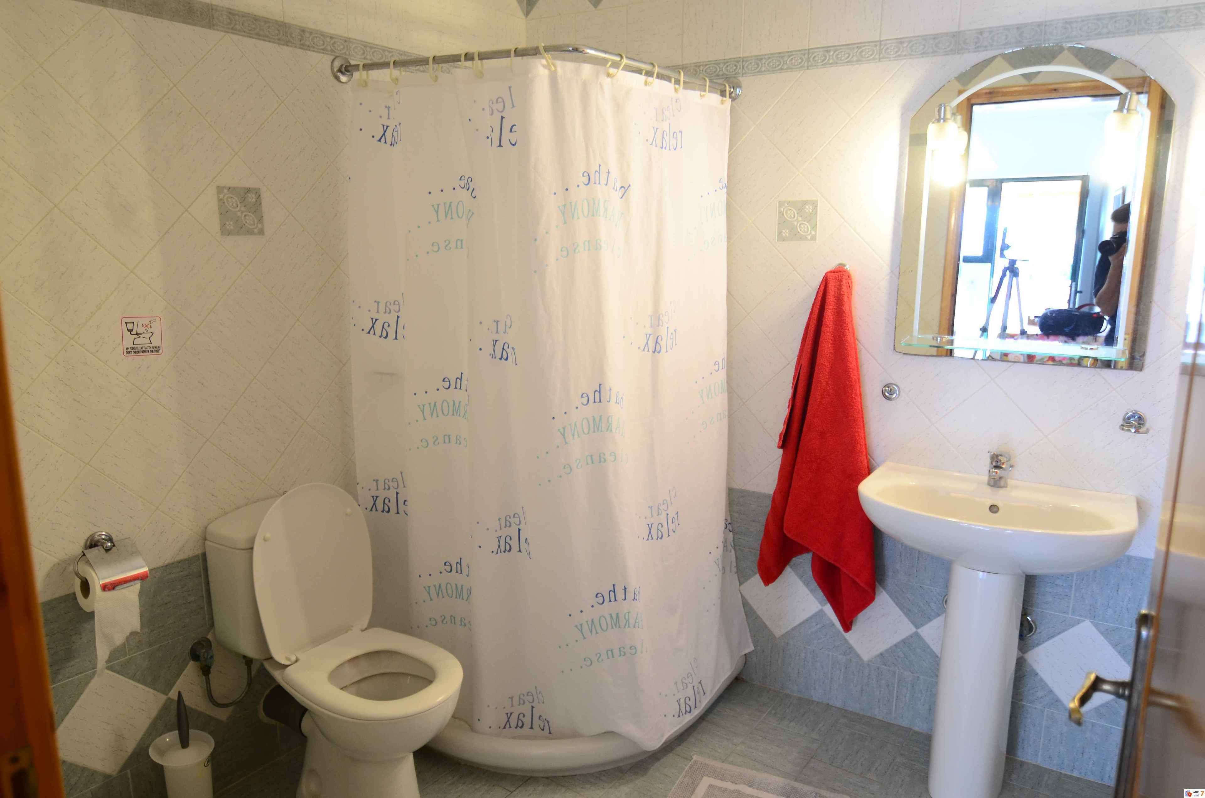 A bathroom with a toilet, shower curtain, sink, and a mirror.