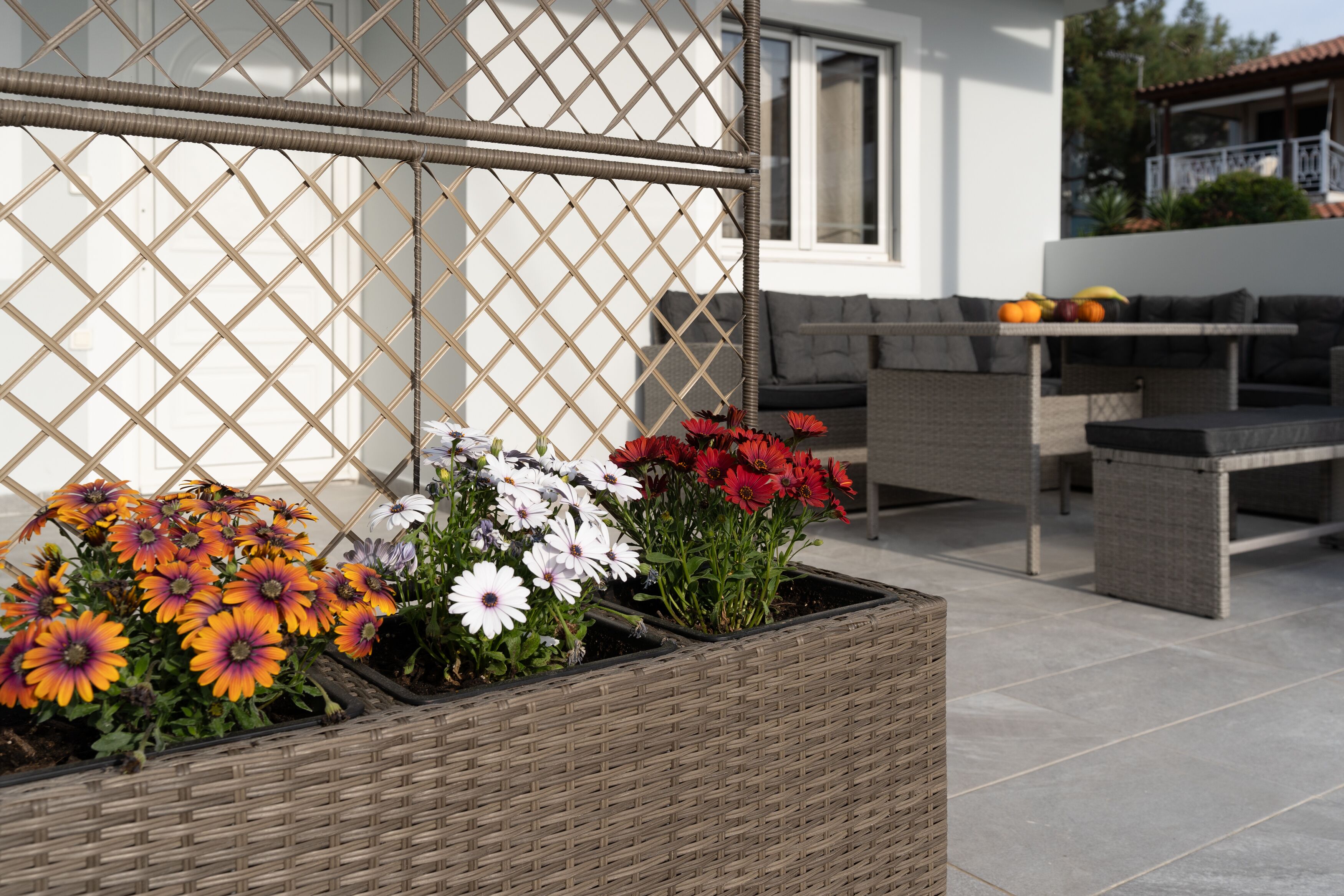 Un vaso in vimini con fiori, mobili da esterno e un edificio bianco sullo sfondo.