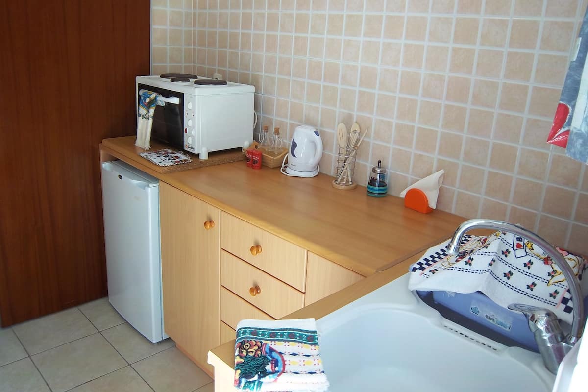 A compact kitchen with a refrigerator, a microwave, a toaster, and a sink.