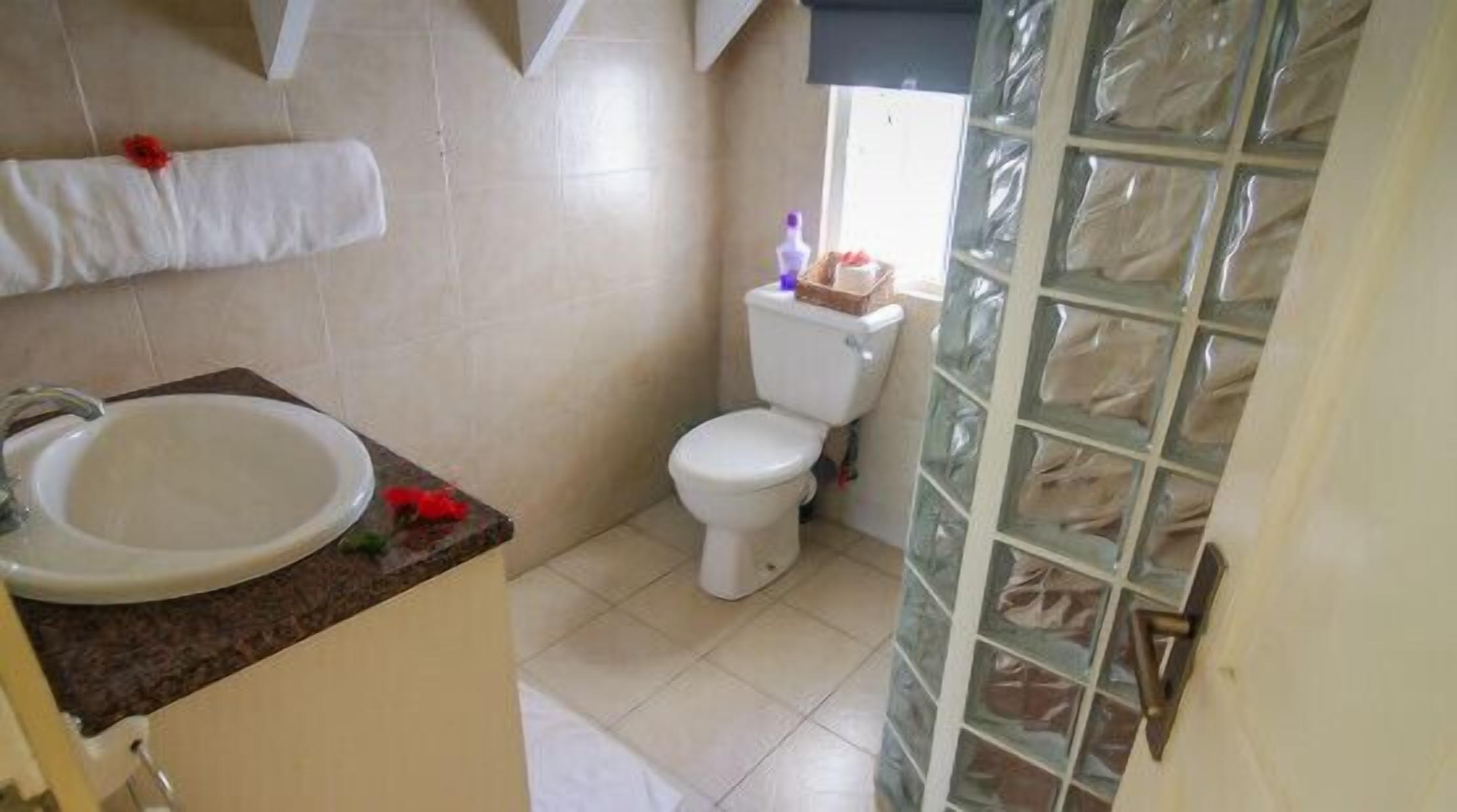 A bathroom with a sink, toilet, and a glass partition.